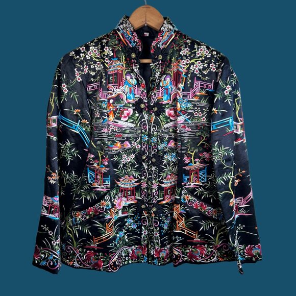 STUNNING Vintage Village Pictorial Silk/Satin Embroidered Jacket - Picture 1 of 10
